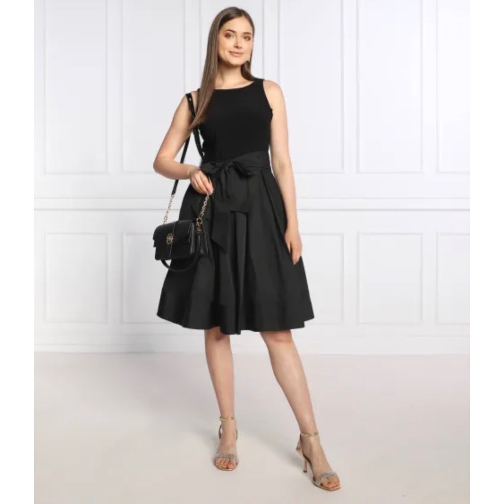 Lauren Ralph Lauren Black Mixed Media V-Back Fit Flare Dress Long Sleeve Size 18